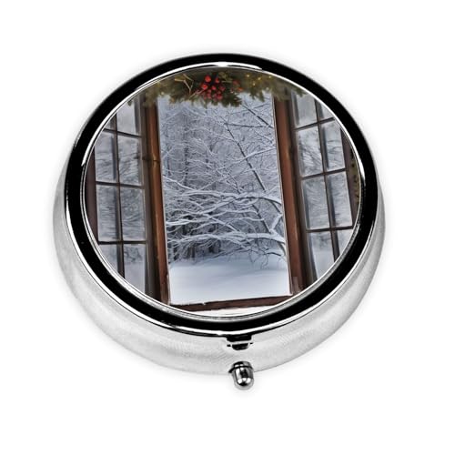 Pillendose mit Winterfenster bedruckt, rund, mit 3 Fächern, tragbare Mini-Pillendose, Pillendose für Medizin, Vitamin, Fischöl, Nahrungsergänzungsmittel