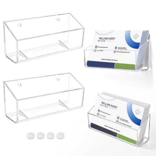 Acrylic Business Card Holder, 2 Pack Wall Mount Name Card Holder, Office Calling Cards Display Holder Stand, Visiting Cards Desktop Organizer for Wall Mount or Place on Desk, Fits 40-60 Business Cards