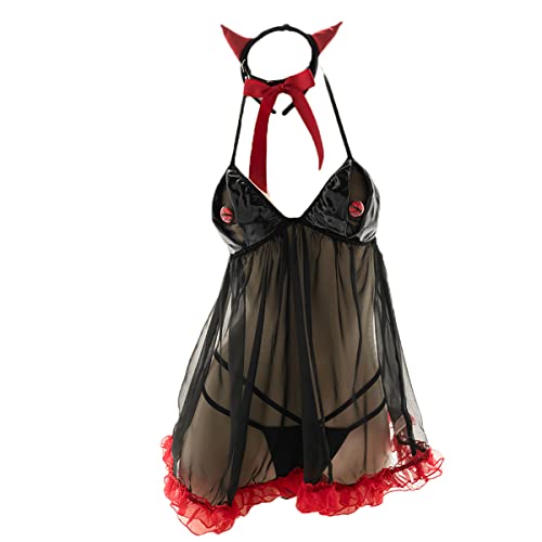 JasmyGirls Damen Sexy Teufel Cosplay Dessous Frech Kawaii Anime Kostüm Durchsichtig Babydoll Outfit Gothic Lolita Unterwäsche Cover