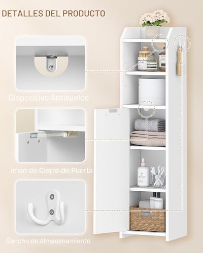 Miniatura 6 de Hzuaneri Mueble De Baño, Armarios Baño Estrecho Con Gancho, Estantes Ajustables, Espacio De Almacenamiento Abierto, Para Espacios Reducidos, Salones Y Rincones, 20 X 20 X 90 Cm, Blanco Bc22903x