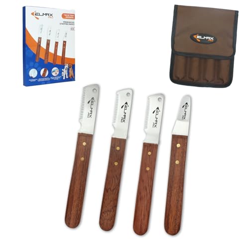 Elmax Pro Professional Slant Tooth Stripping Knife for dogs (Pack of 4) Stainless Steel Blades & Rosewood Handle Efficient Undercoat Removal Hand Stripping Tools for dog grooming (Right-Handed)