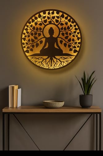 Image of M.K Handicraft Buddha Metal 3D Wall Art 24 IN WIth LED Backlite Wall Hanging with Led Backlight Decorative Showpiece - 60 cm (Iron, LED Backlite Gold) (18 Inch /Black)