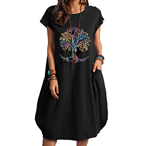 Osheoiso Damen Kurzarm Leinen Kleid Boho Mode Lang Kleid Literarischer Stil Sommerkleid Strandkleid Retro Swing Kleid Oversized Chic Sonnenblume...