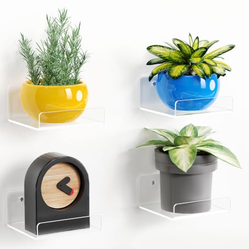 Image of upsimples 4 inch Acrylic Shelves, Small Shelf for Wall Decor and Display, 4 Pcs | Small Floating Shelf for Plants, Speaker, Toys, Invisible Wall Display for Bathroom, Bedroom, Living Room, Room Decor