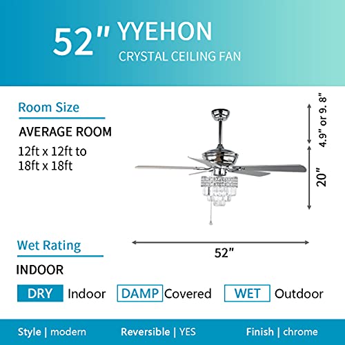 Yyehon 52″ Crystal Ceiling Fan With Lights And Remote Control, Modern Chandelier Fan With Dual Finish Reversible Blades, Quiet Indoor Fanderlier For Living Room, Dining Room, Bedroom. (Chrome) #TOP2
