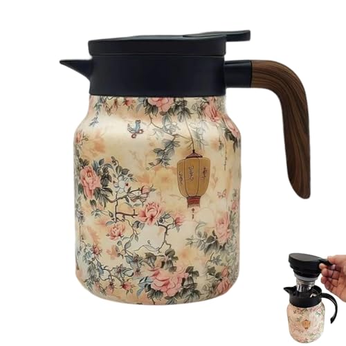 Termo de té con patrón floral vintage, infusor integrado, 1000 ml, tetera aislada con tapa y mango de madera, tetera térmica desmontable de acero inoxidable para bebidas calientes
