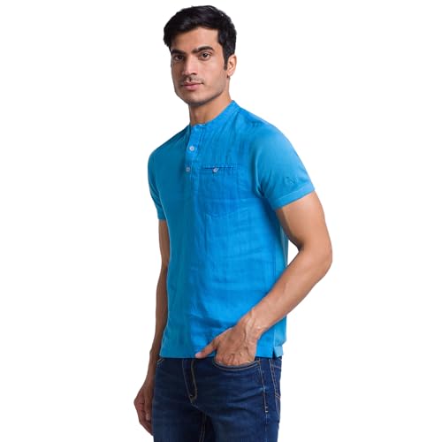 Image of Parx Men's Pure Linen Solid Pattern Regular Fit Henley Neck Half Sleeve Casual T-Shirt
