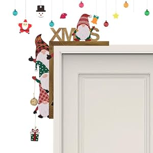 KASESSS Decoración de Esquina de Puerta Navideña, Decoraciones de Marco de Puerta de Navidad, Artesanales de Madera Simpática Figurita de Enano con Adhesivo Redondo, Creativa Decoración Navidad Hogar