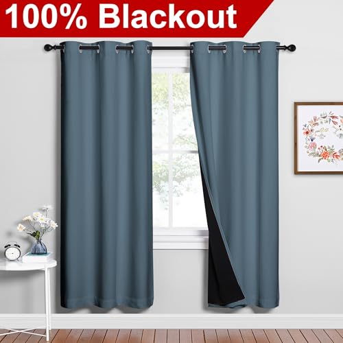 Image of NICETOWN 100% Blackout Window Curtain Panels, Smoky Blue, 2 Pieces, 42-inch Wide Per Panel, Full Light Blocking Drapes with Black Liner for Nursery, 72-inch Drop Thermal Insulated Draperies