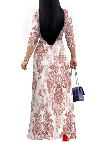 Image of Women's V Neck Floral Maxi Dress 3 /4 Sleeve Plus Size Boho Wrap Flowy Long Dresses with Belt