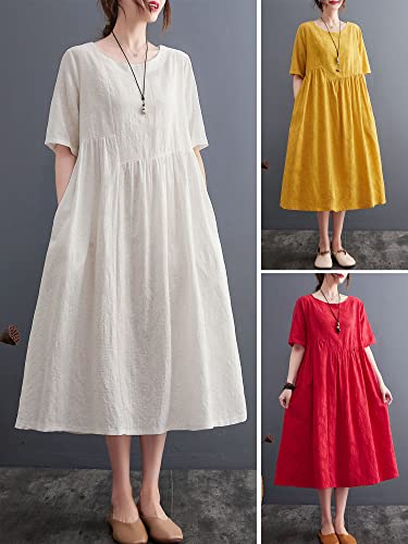 Mingzhe Vestido feminino solto com bolsos manga curta vestido casual de férias vermelho 2XL