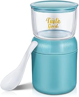 Breakfast On The Go Cup Muesli Cereal Yogurt Pots with Lids Container with Spoon Portable Travel Mug Double Layer Capacity Milk Cup for Work School Travel Picnic, 330ml/ 430ml (Blue, Plastic)