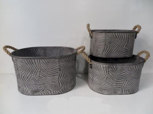 212 Main Gray Leaf Pattern with Rope Handles Planters, Set of 3