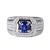 Daesar Anillos de Boda de Hombre con Cuadrado y Redondo con Zafiro Creado de 1.23ct y Moissanita, Oro Blanco 18K, Talla 12(52mm), Anillo Alianzas Plata Azul