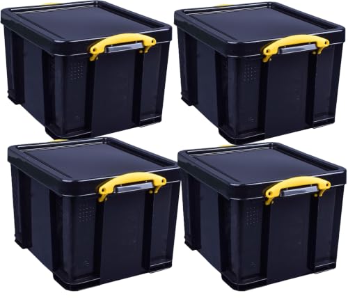 Image of Really Useful Box Plastic Storage 35 Litre Black Yellow Handles Pack of 4