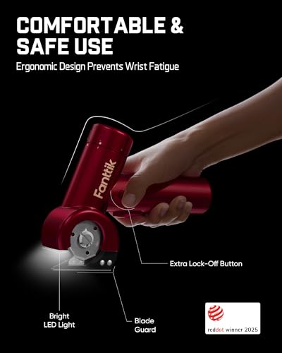 Image of Fanttik C8 Nano Easyswap Electric Scissors with LED Display, Type-C Rechargeable Cordless Cardboard Cutter with 2 Blades, EasySwap Blade Change, LED Light, for Thin Cardboard Box Carpet Leather, Red
