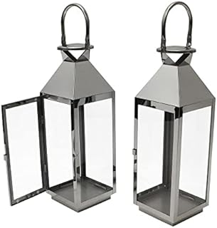 Stainless Steel Metal Candle Light - Lantern Glass Handing Garden Holder - Indoor Outdoor Window Rectangular Shape - Summer Party Weddings Event - Silver (Large Pair of Lanterns)