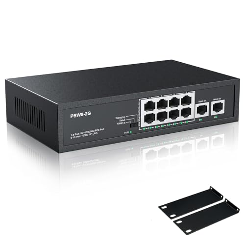Image of 8 Port Full Gigabit PoE+ Switch with Rack Mount Ears, with 2 Gigabit Uplink Ports Up to 30W Per Port, Total Budget 120W, 48 Volt 802.3af /at Compliant, Compatible with PoE IP Cameras VOIP Phones