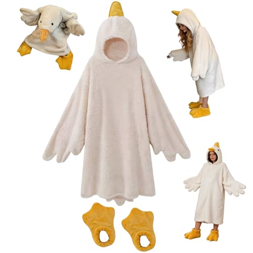 Duck Pajamas Kids Funny Goose Costume Hoodie Blanket Soft Animal Duck Onesie for Kids with Sleeves & Feet Slippers White