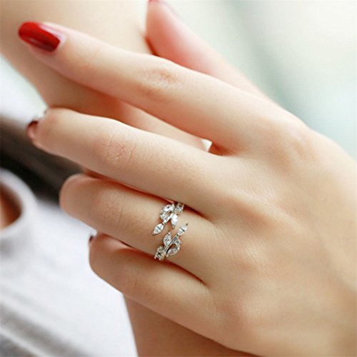 YouCY Simple Leaves Ring Fashion Zircon Opening Ring Adjustable Finger Ring for Women Girls Wedding Jewelry,Silver
