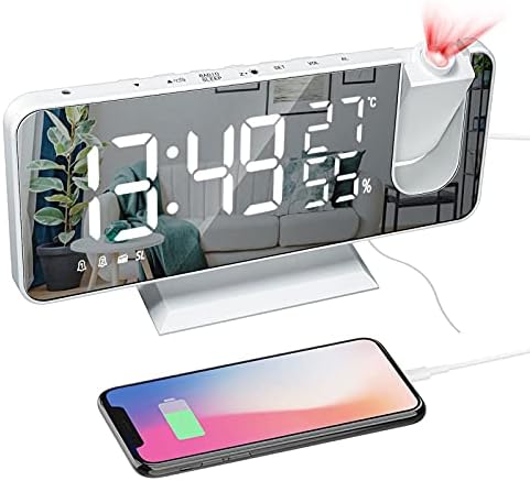 Mightree Projection Alarm Clock for Bedroom, Digital Alarm Clock with USB Charger, 7.4" Large LED Mirror Display Radio Alarm Clock, Dual Smart Alarm with Projection on Ceiling, White