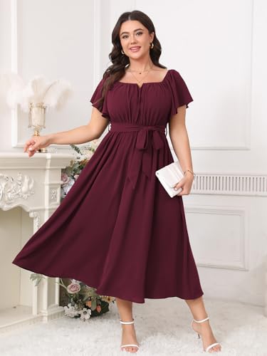 Image of SCOMCHIC Women Plus Size Maxi Dress Off The Shoulder Bridesmaid Formal Wedding Guest Belted Flowy A Line Long Dresses