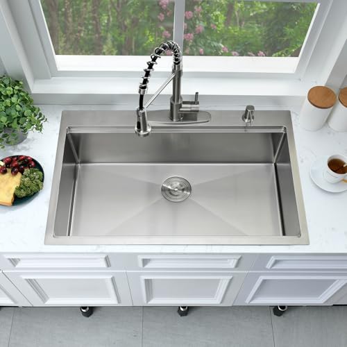 Image of 33x22 Drop In Kitchen Sink Workstation-Bokaiya 33 Inch Stainless Steel Drop In Sink Topmount 16 Gauge 10 Inch Deep Above Counter Single Bowl Kitchen Sink with Cutting Board