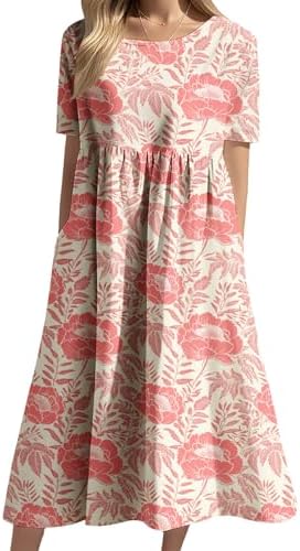DMOYALA Short Sleeve Midi Dress for Women 2026 Spring Summer Trendy Graphic Boho Floral Dress Baggy Sundress with Pockets