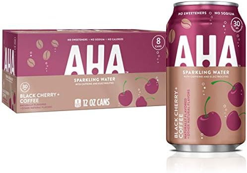 AHA Sparkling Water, Black Cherry + Coffee Flavored Water, with Caffeine & Electrolytes, Zero Calories, Sodium Free, No Sweeteners, 12 fl oz, 8 Pack