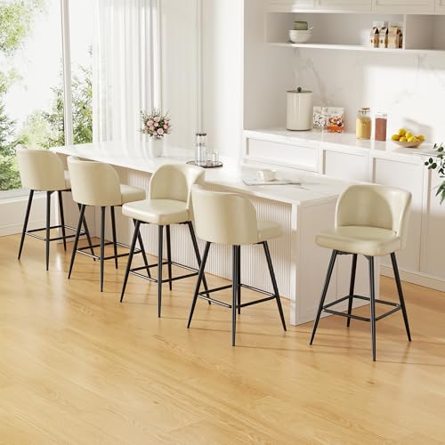 Image of Swivel Bar Stools Set of 5, 26 inch Counter Height Bar Stools with High Back and Metal Legs, Faux Leather Bar Chairs, Modern Barstools for Kitchen Island, Beige