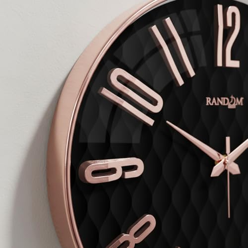 Image of RANDOM Sweep Silent Wall Clock, Non-Ticking Quartz Movement with 3D Foiling Numbers. (Black and Rose Gold)