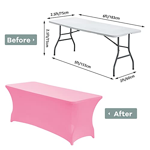 Image of CWK 6FT Waterproof Stretch Spandex Table Cover for Rectangular Tables - Elastic Fitted Tablecloth for Folding Tables,Wrinkle Resistant Table Cloth for Parties, Weddings, Banquets & Events (Pink)