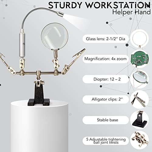 RamPro - Helping Hand Magnifier Glass Stand with Flexible Neck LED Flashlight & Alligator Clips - 3X Magnifying Lens, Perfect for Soldering, Crafting & Inspecting Micro Objects - Image 3