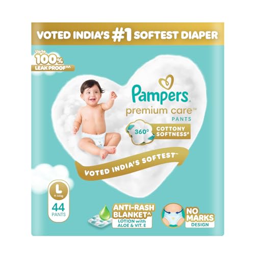 Image of Pampers Premium Care Pant Style Baby Diapers | Large (L size) | 44 Count | Voted India's Softest | All-in-1 with 360 Cottony Softness Diapers | 9-14kg