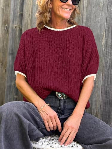 Image of Saodimallsu Womens Puff Short Sleeve Sweater Tops Spring Summer Color Block Ribbed Knit Crew Neck Going Out Shirts