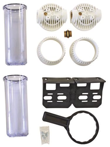 AQUAWATER - Station Double Filtre 107223 - Dimension Standard 9''3/4 - Pour Traitement d'Eau - Équerre de Fixation et Clé de Desserrage Incluses - Blanc - Ø9.75 x 25 cm - Débit Max 1.5 m3/h | Doublez votre filtration avec cette station polyvalente, compat