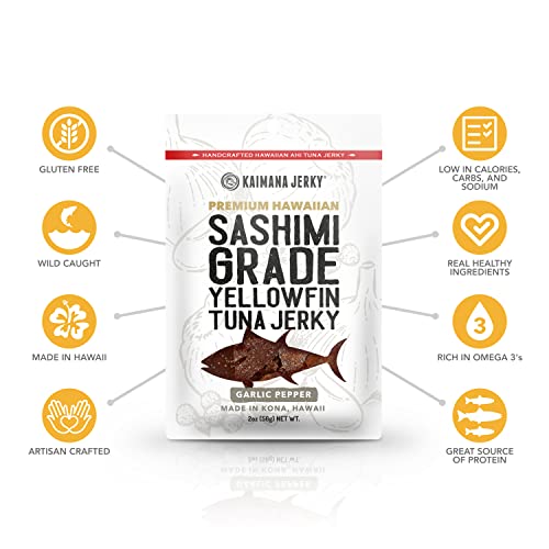Kaimana Ahi Tuna Jerky Garlic Pepper 2 Ounce - Soft And Tasty - Premium Fish Jerky Made In The Usa. High In Omega 3'S, All Natural And Wild Caught #TOP2