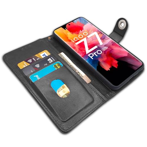 Image of Pikkme iQOO Z7 Pro 5G Flip Cover Leather Finish | Inside TPU with Card Pockets | Wallet Stand and Shock Proof | Complete Protection Button Flip Case for iQOO Z7 Pro 5G (Black)