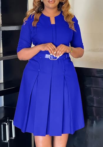HuiSiFang Women's Work Blazer Dress Crewneck Dress Business Elegant Pleated Midi Dress with Belt2