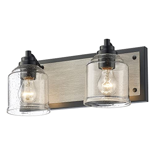 Image of 16 inch 2-Light Farmhouse Bathroom Vanity Light with Bubble Glass, Gray | Metal base with hand-painted wood-grain finish, 5.3 inch seeded glass, E26 Bulbs, mount up /down, for bathroom hallway
