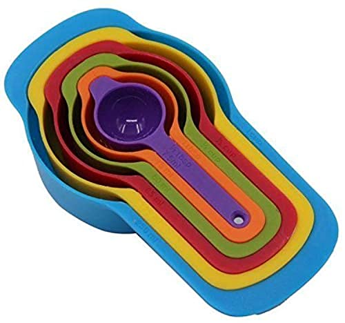 SHOWAY 6 Pcs of Plastic Measuring Cups and Spoons Set. Stackable Space Saving Multi color Design