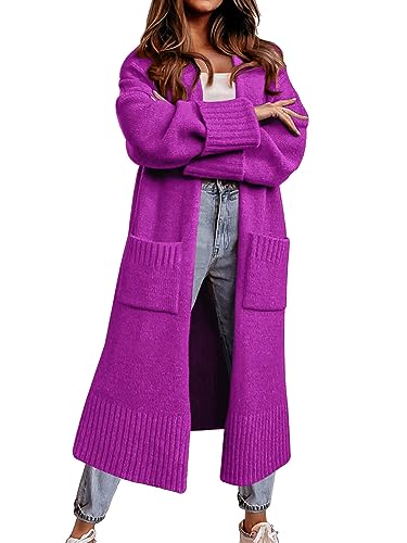 Danedvi Long Cardigan Sweaters for Women 2025 Fall Open Front Knit Oversized Cardigans Duster Coat with Pockets Purple