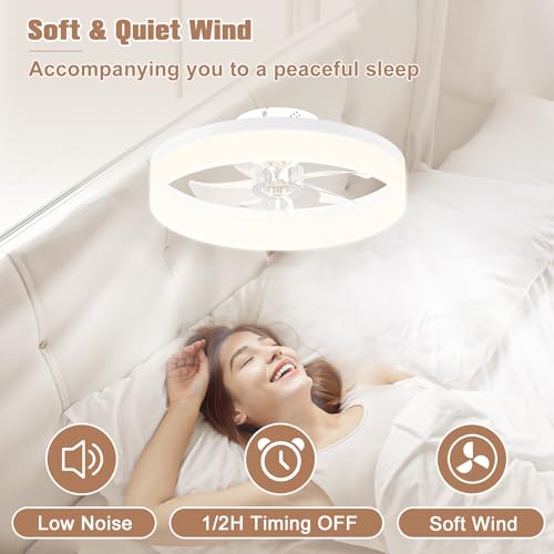 Image of VOLISUN Low Profile Ceiling Fans with Lights and Remote,15.7in Modern Ceiling Fan Flush Mount, 3000K-6500K Dimmable Bladeless LED Fan Light,White Fandelier Ceiling Fans with Lights for Bedroom