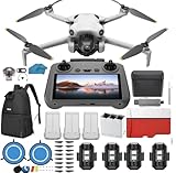 DJI Mini 4 Pro Folding Drone with RC 2 Remote (With Screen) Fly More Combo, 4K HDR Video Camera for Adults, Under 249g, Omnidirectional Sensing, 3 Batteries Bundle with 128 gb SD Card Strobe Lights and More