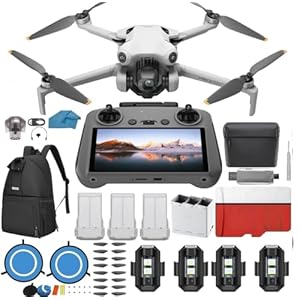 DJI Mini 4 Pro Folding Drone with RC 2 Remote (With Screen) Fly More Combo, 4K HDR Video Camera for Adults, Under 249g, Omnidirectional Sensing, 3 Batteries Bundle with 128 gb SD Card Strobe Lights and More