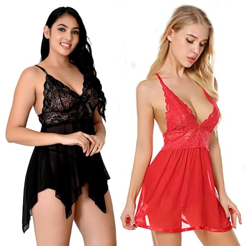 Image of Net Lace Women`s Babydoll Lingerie Dress for Honeymoon Night S-3XL