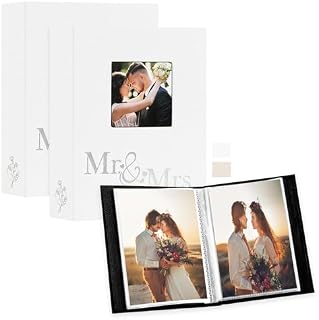 Lanpn Wedding Photo Album 6x4 300 Pocket Photos Slip in, Linen Cover Large Capacity Newlywed Marriage Window Album Hold 300 Horizontal Photos (Mr & Mrs, Beige)
