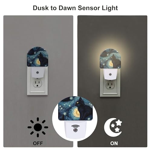 Image of Starry Night Black Cat Night Light Plug into Wall, Abstract Oil Painting Cat Dusk to Dawn Night Light Plug in,0.5w Energy Saving Sleep Friendly Nightlight for Kids Boys Girls Home Decor