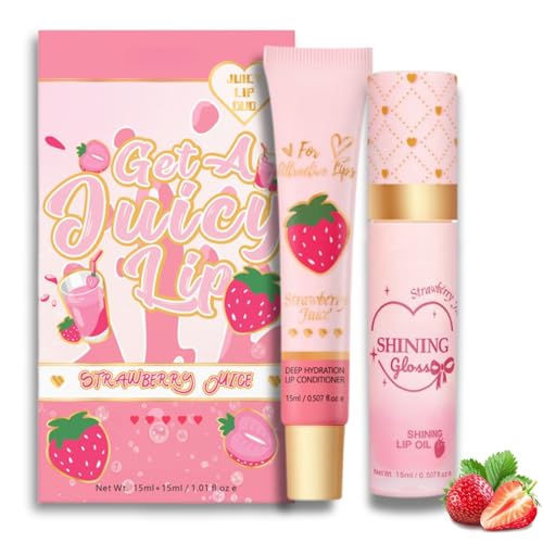 Lip Conditioner & Lip Oil Set, Strawberry Lip Gloss, Hydrating Lip Oil & Lip Balm Duo, Moisturizing Lip Care for Dry & Chapped Lips, Natural Lipgloss Set, Beauty Gift Set for Women Girls (Strawberry)