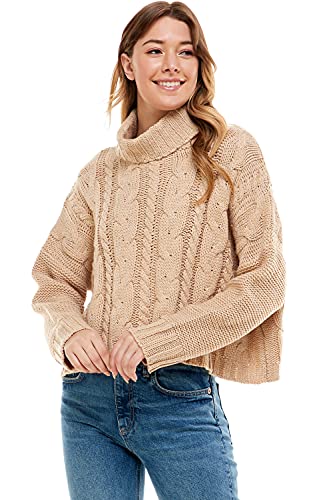 Love Tree Women's Turtleneck Pullover Sweater - Cable Knit Long Sleeve Sweater Top (Oatmeal, Medium) #TOP2